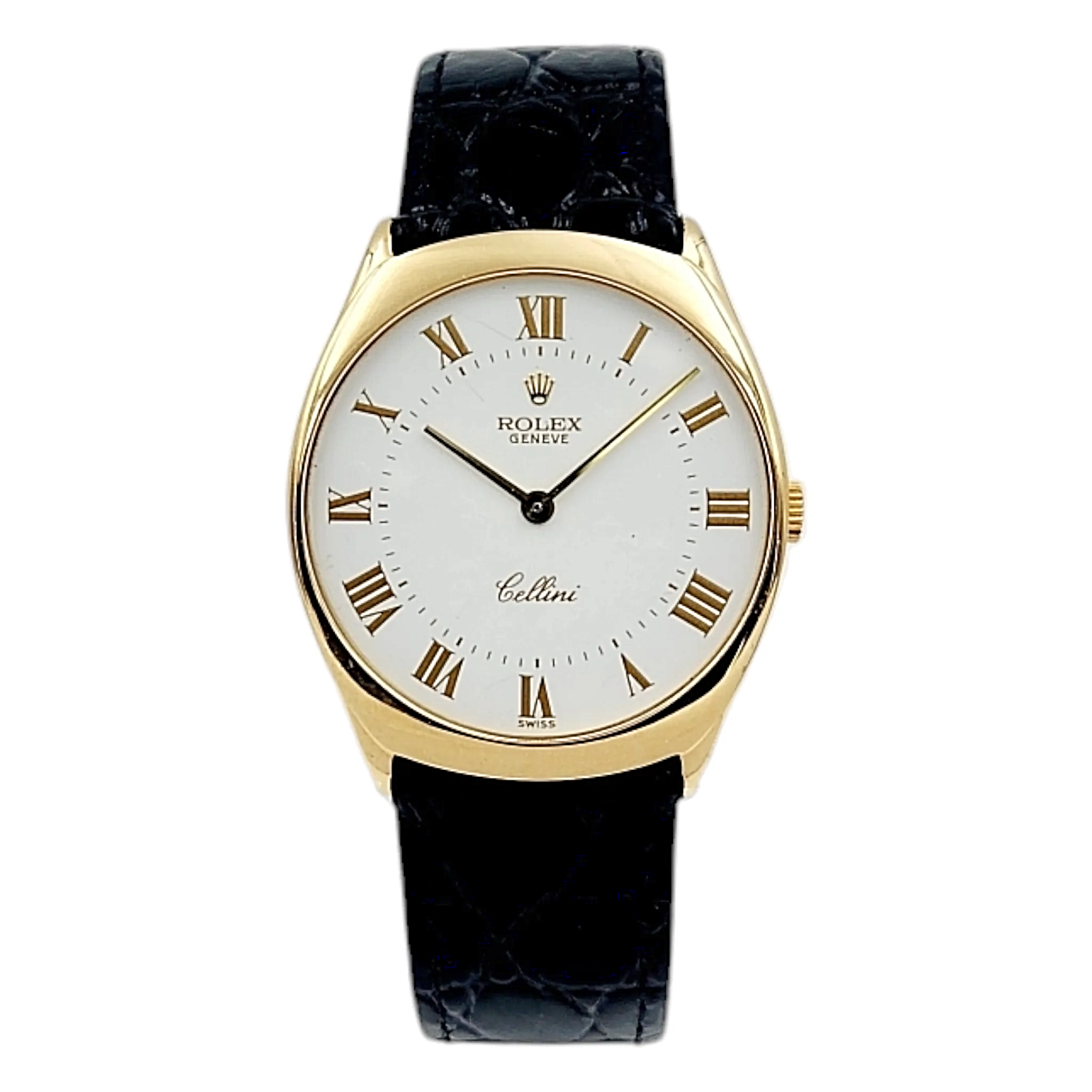 1990's Men's Rolex 31mm Cellini Vintage 18K Yellow Gold Watch with White Dial and Black Leather Strap. (Pre-Owned 4133)