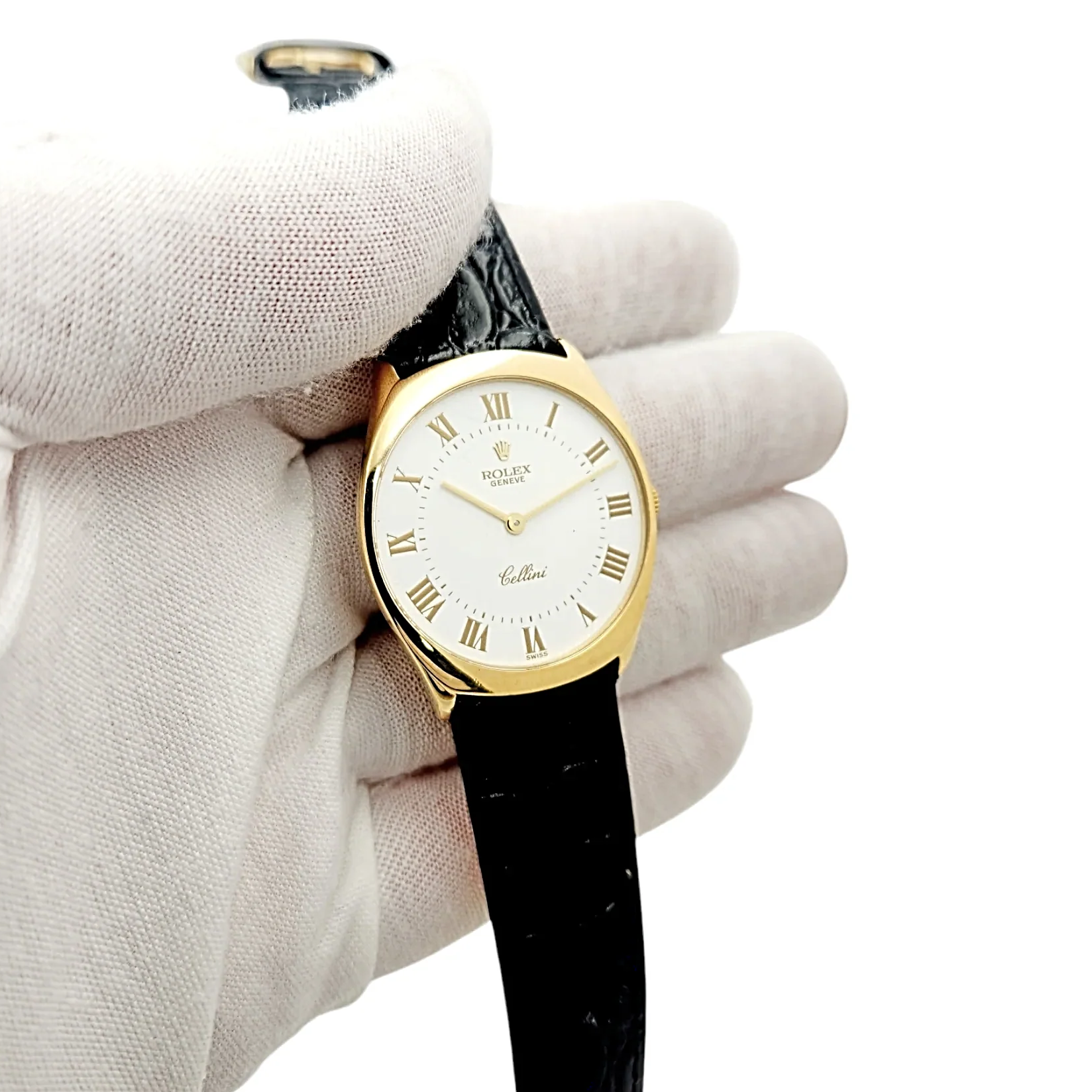 1990's Men's Rolex 31mm Cellini Vintage 18K Yellow Gold Watch with White Dial and Black Leather Strap. (Pre-Owned 4133)