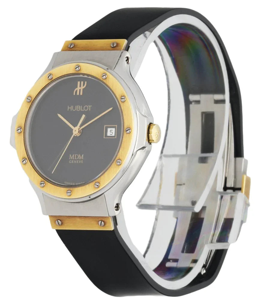 Ladies Hublot Vintage MDM 28mm Two Tone 18K Yellow Gold / Stainless Steel Wristwatch with Black B&. (Pre-Owned)