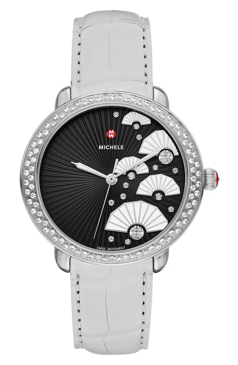 *Ladies Michele Serein 36mm Stainless Steel / White Leather Wristwatch with Black Diamond Fan Dial & Diamond Bezel. (NEW)