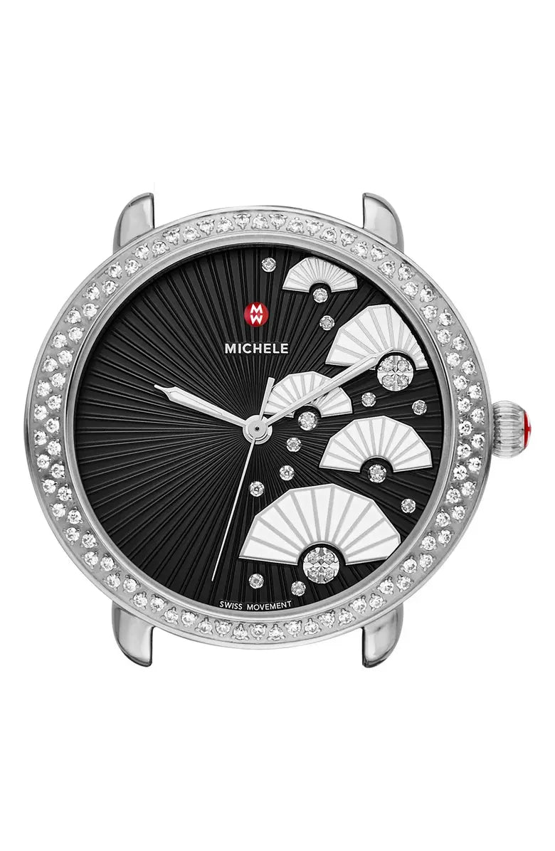 *Ladies Michele Serein 36mm Stainless Steel / White Leather Wristwatch with Black Diamond Fan Dial & Diamond Bezel. (NEW)