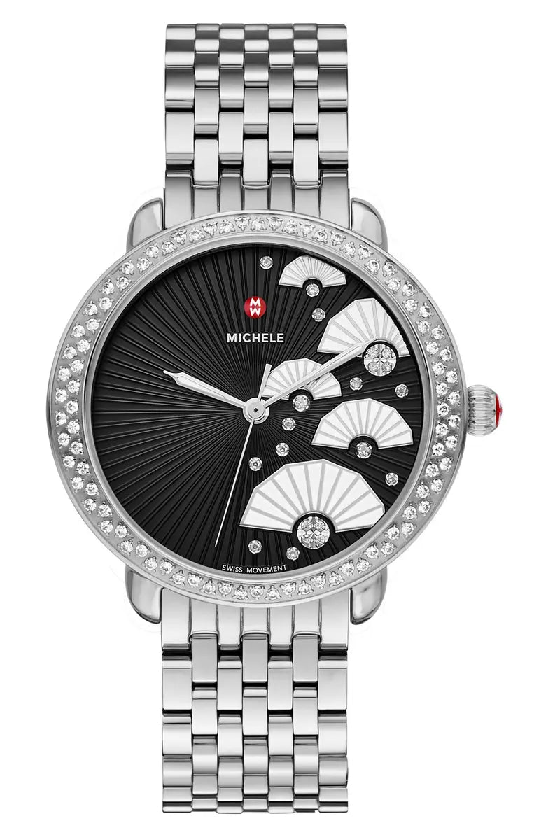 *Ladies Michele Serein 36mm Stainless Steel / White Leather Wristwatch with Black Diamond Fan Dial & Diamond Bezel. (NEW)