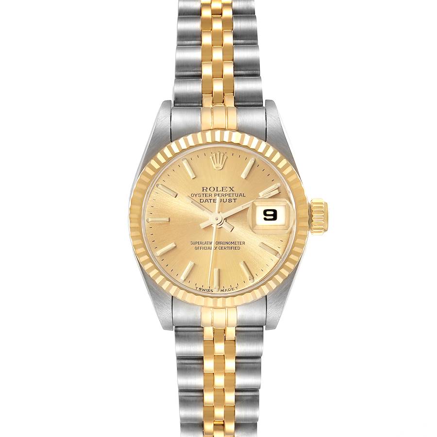 Ladies Rolex 26mm Date Two Tone 18K Yellow Gold / Stainless Steel Watch with Champagne Dial and Fluted Bezel. (Pre-Owned 69173)