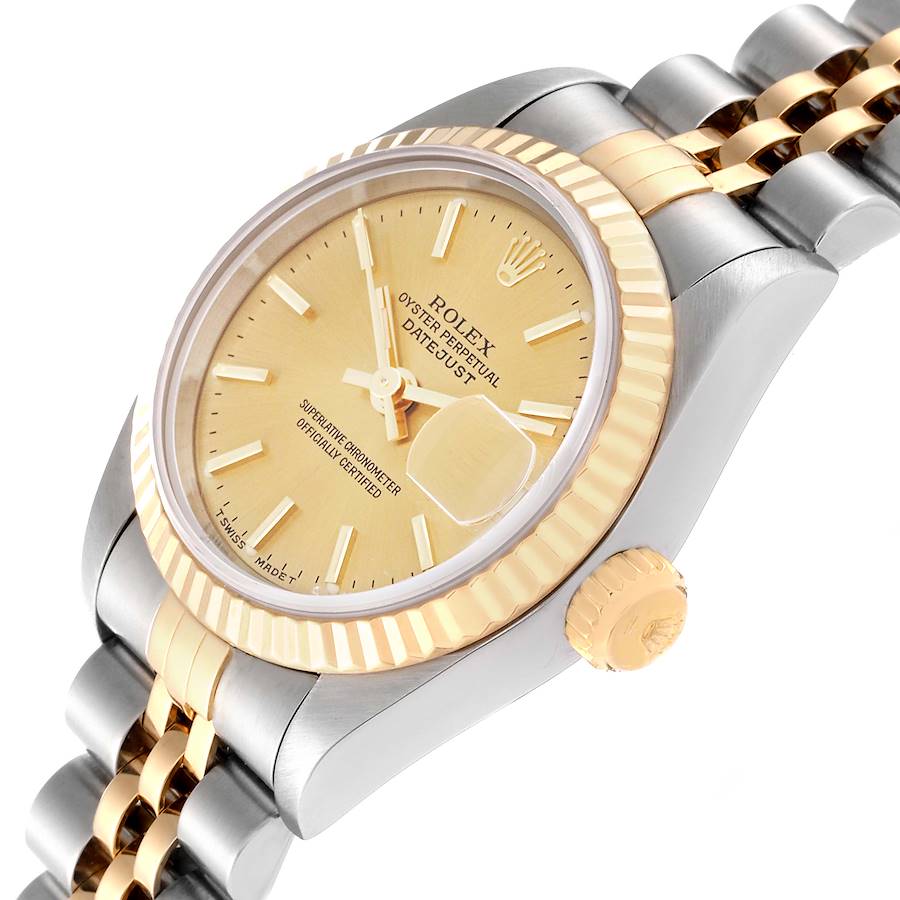 Ladies Rolex 26mm Date Two Tone 18K Yellow Gold / Stainless Steel Watch with Champagne Dial and Fluted Bezel. (Pre-Owned 69173)