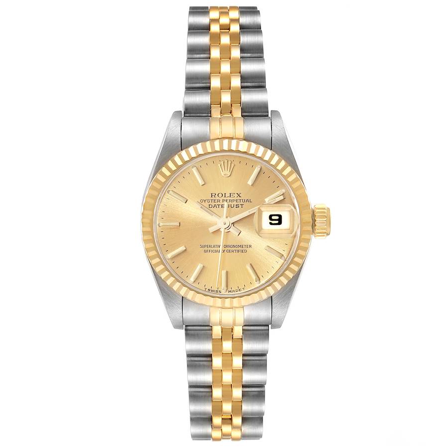 Ladies Rolex 26mm Date Two Tone 18K Yellow Gold / Stainless Steel Watch with Champagne Dial and Fluted Bezel. (Pre-Owned 69173)