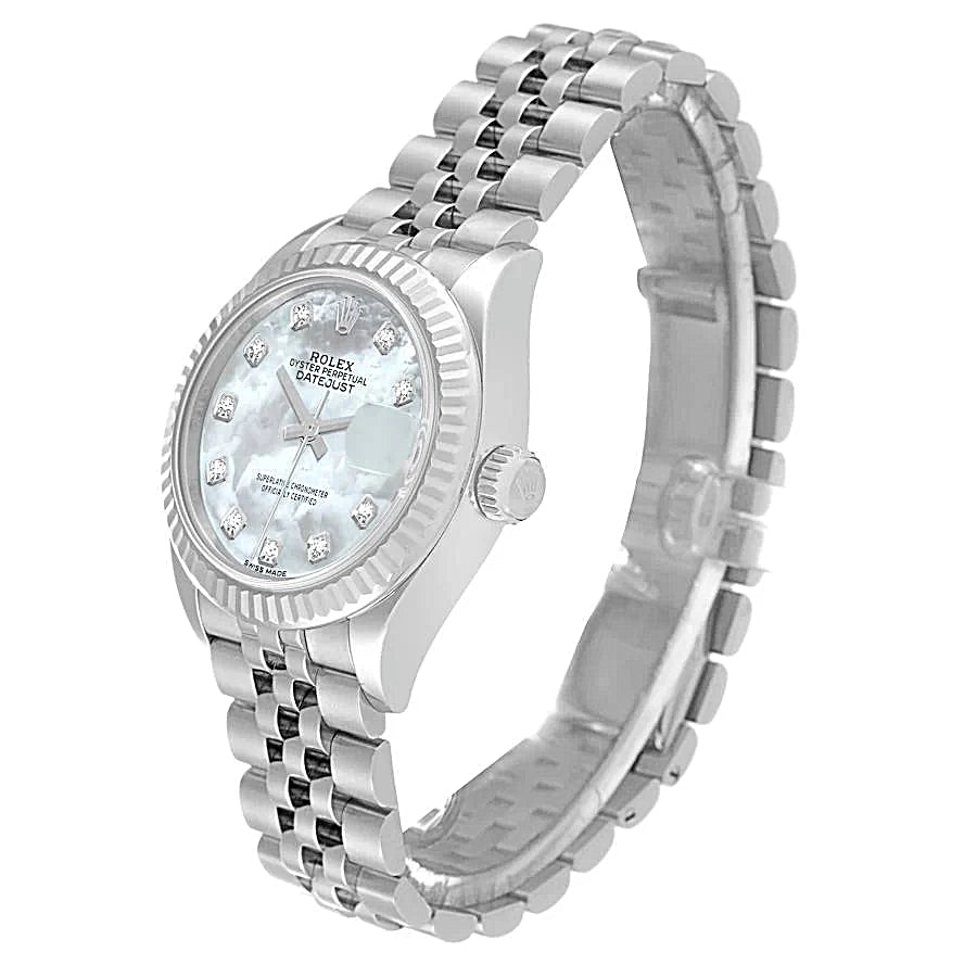 2021 Ladies Rolex 28mm DateJust Stainless Steel Watch with Mother of Pearl Diamond Dial and Fluted Bezel. (Pre-Owned 279174)