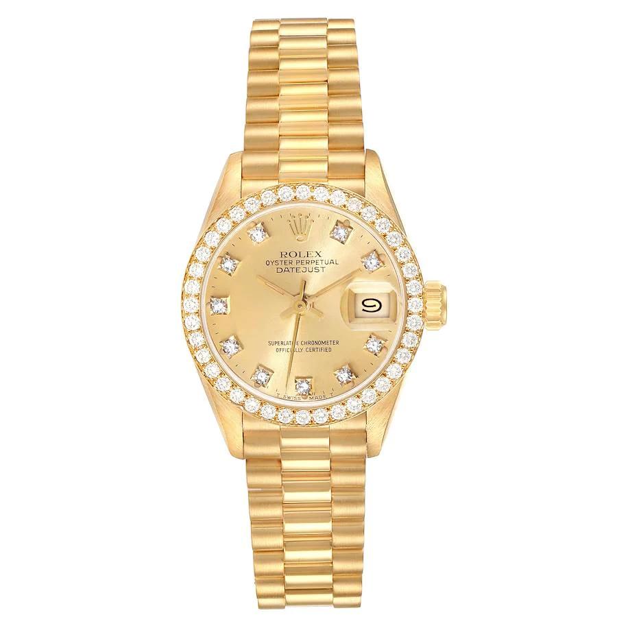 Ladies Rolex 26mm President 18K Solid Yellow Gold Wristwatch with Gold Diamond Dial & Diamond Bezel. (Pre-Owned 69138)