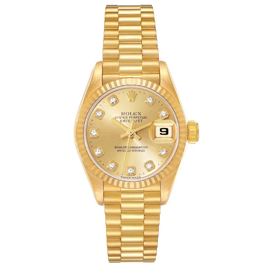 Ladies Rolex 26mm President 18K Yellow Gold Wristwatch with Gold Diamond Dial & Fluted Bezel. (Pre-Owned 69178)