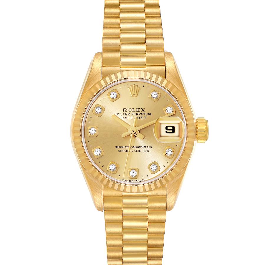 Ladies Rolex 26mm President 18K Yellow Gold Wristwatch with Gold Diamond Dial & Fluted Bezel. (Pre-Owned 69178)