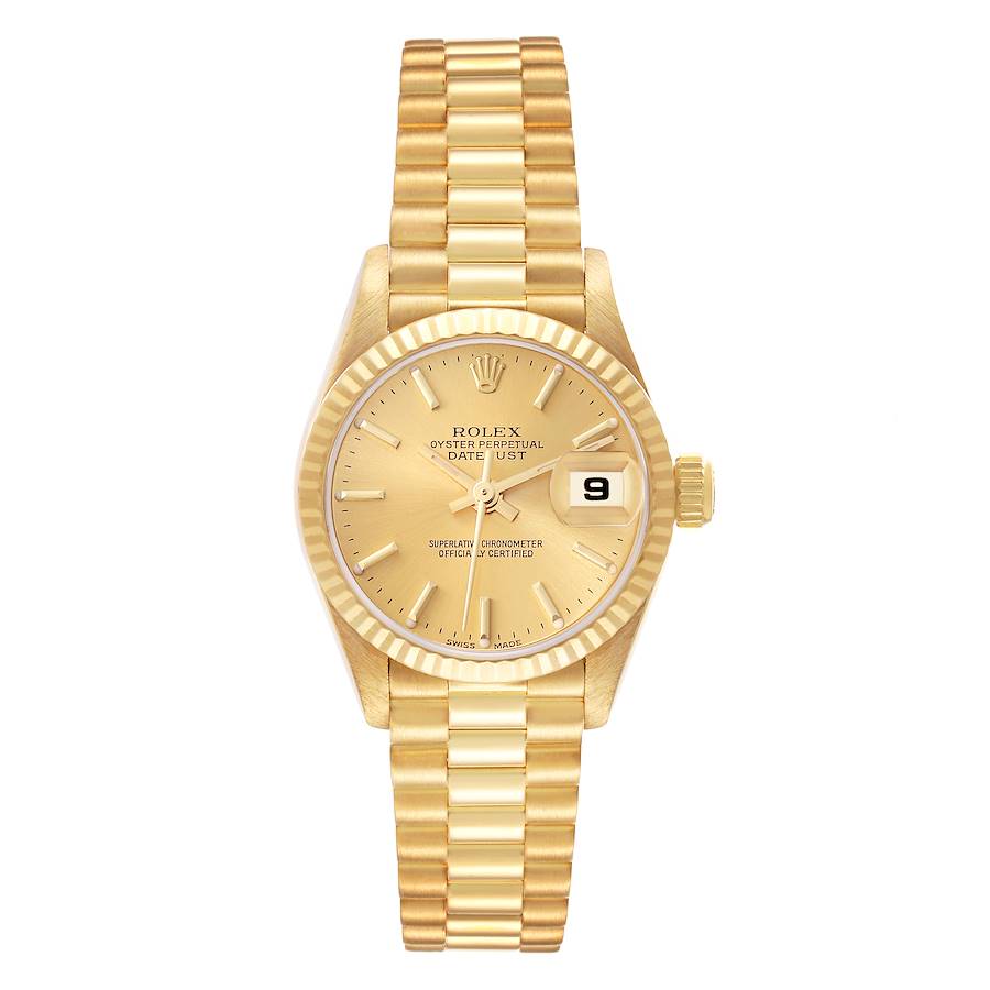 Ladies Rolex 26mm President Solid 18K Yellow Gold Wristwatch with Gold Dial & Fluted Bezel. (Pre-Owned)