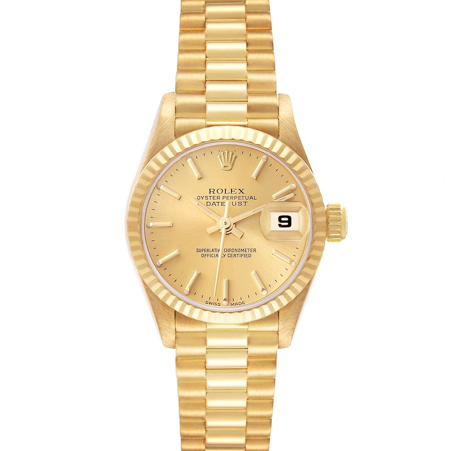 Ladies Rolex 26mm President Solid 18K Yellow Gold Wristwatch with Gold Dial & Fluted Bezel. (Pre-Owned)