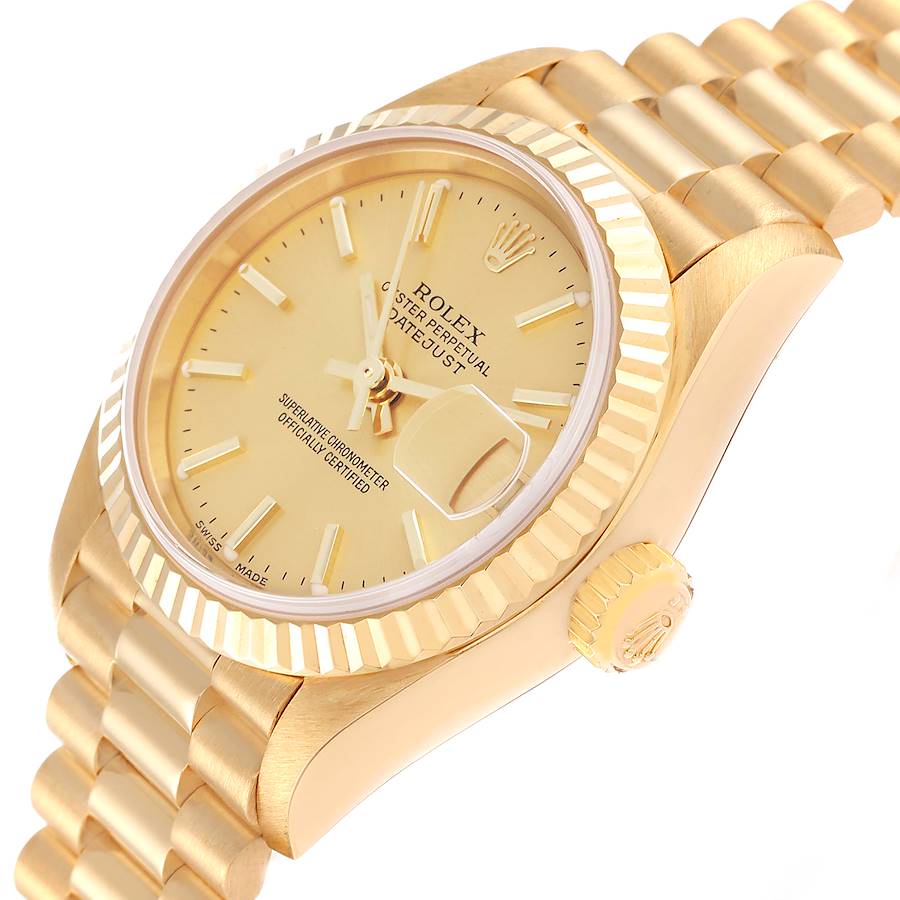 Ladies Rolex 26mm President Solid 18K Yellow Gold Wristwatch with Gold Dial & Fluted Bezel. (Pre-Owned)