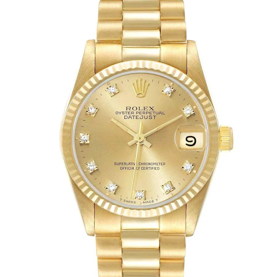 Ladies Rolex 31mm Midsize President 18K Solid Yellow Gold Wristwatch with Champagne Diamond Dial & Fluted Bezel. (Pre-Owned)