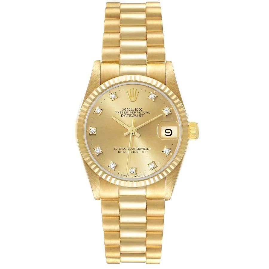 Ladies Rolex 31mm Midsize President 18K Solid Yellow Gold Wristwatch with Champagne Diamond Dial & Fluted Bezel. (Pre-Owned)