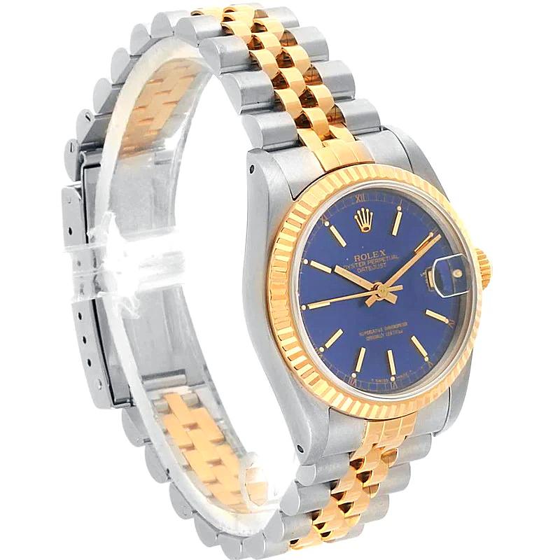 Ladies Rolex Midsize 31mm DateJust Two Tone 18K Yellow Gold / Stainless Steel Wristwatch with Blue Dial & Fluted Bezel. (Pre-Owned 68273)