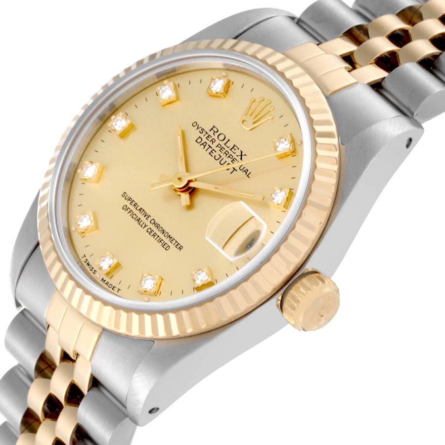 Ladies Rolex Midsize 31mm DateJust Two Tone 18K Yellow Gold / Stainless Steel Watch with Diamond Champagne Dial and Fluted Bezel. (Pre-Owned 68273)