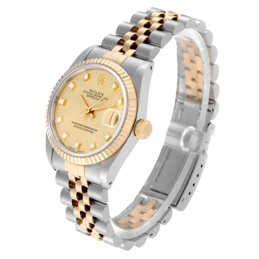 Ladies Rolex Midsize 31mm DateJust Two Tone 18K Yellow Gold / Stainless Steel Wristwatch with Diamond Champagne Dial & Fluted Bezel. (Pre-Owned 68273)