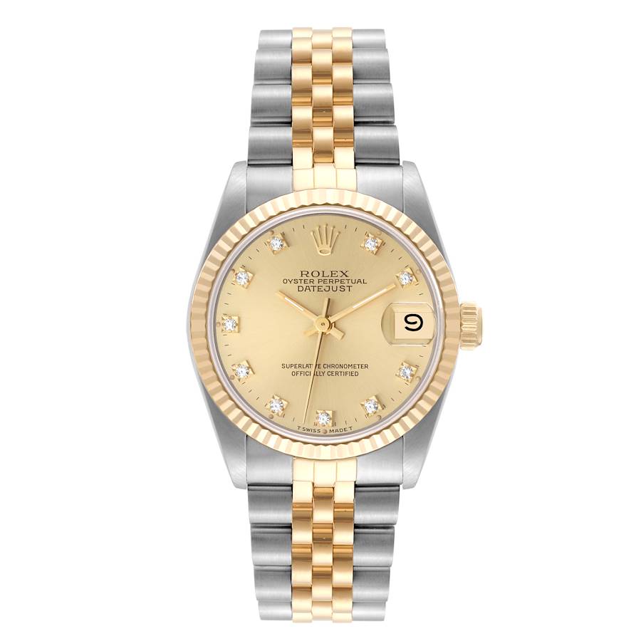 Ladies Rolex Midsize 31mm DateJust Two Tone 18K Yellow Gold / Stainless Steel Watch with Diamond Champagne Dial and Fluted Bezel. (Pre-Owned 68273)