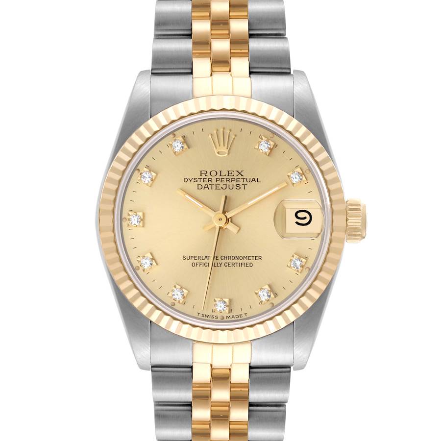 Ladies Rolex Midsize 31mm DateJust Two Tone 18K Yellow Gold / Stainless Steel Watch with Diamond Champagne Dial and Fluted Bezel. (Pre-Owned 68273)