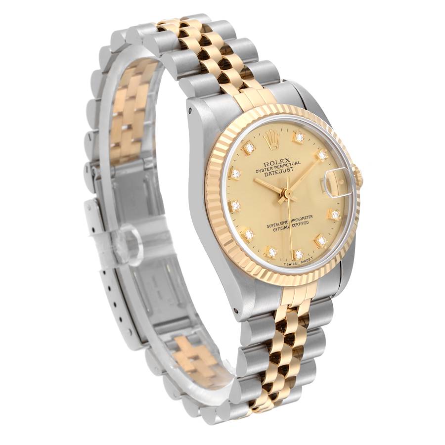 Ladies Rolex Midsize 31mm DateJust Two Tone 18K Yellow Gold / Stainless Steel Wristwatch with Diamond Champagne Dial & Fluted Bezel. (Pre-Owned 68273)