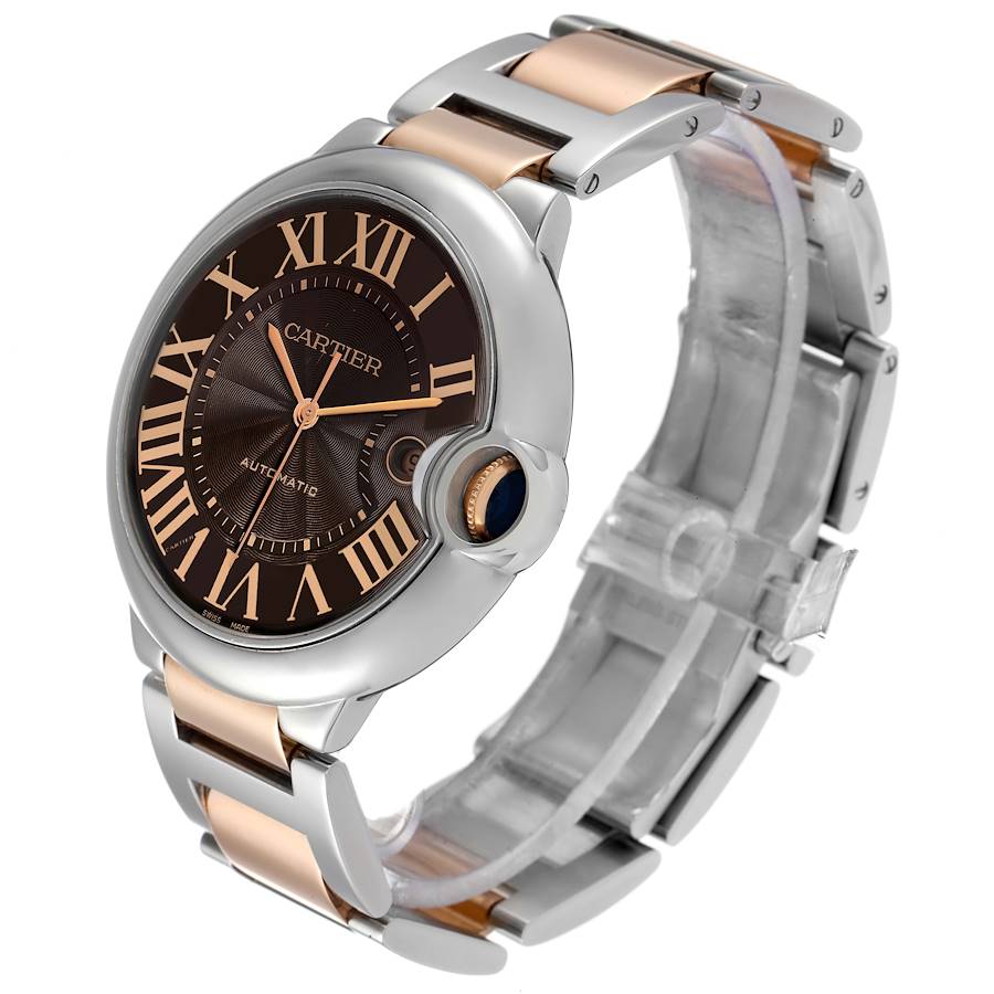 Men's Cartier 42mm Ballon Bleu Automatic Two Tone Rose Gold / Stainless Steel Wristwatch with Roman Numeral Chocolate Guillochi Dial. (Pre-Owned W6920032)