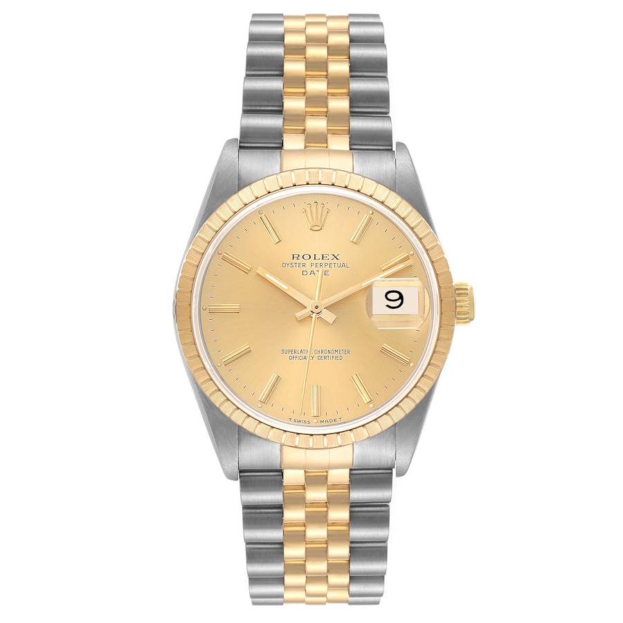 Men's Rolex 34mm Date Two Tone 18K Yellow Gold / Stainless Steel Watch with Gold Dial and Fluted Bezel. (Pre-Owned 15223)