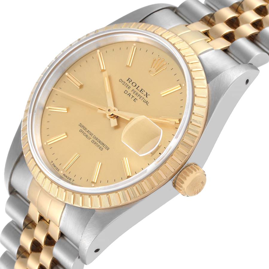 Men's Rolex 34mm Date Two Tone 18K Yellow Gold / Stainless Steel Watch with Gold Dial and Fluted Bezel. (Pre-Owned 15223)