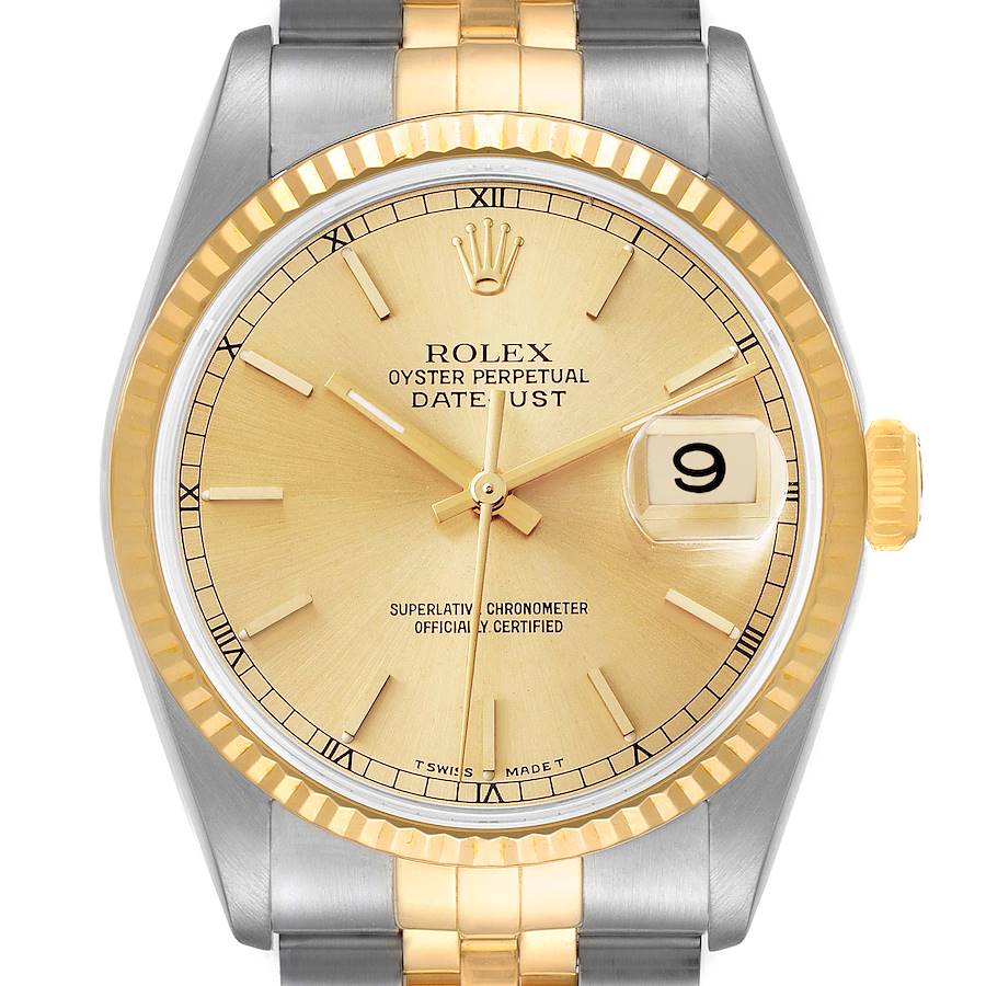 Men's Rolex 36mm DateJust 18K Gold / Stainless Steel Two Tone Wristwatch w/ Fluted Bezel & Champagne Dial. (NEW 16233)