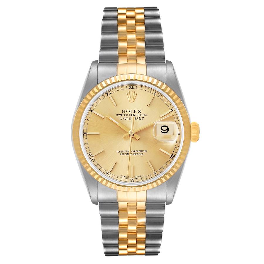 Men's Rolex 36mm DateJust 18K Gold / Stainless Steel Two Tone Wristwatch w/ Fluted Bezel & Champagne Dial. (NEW 16233)