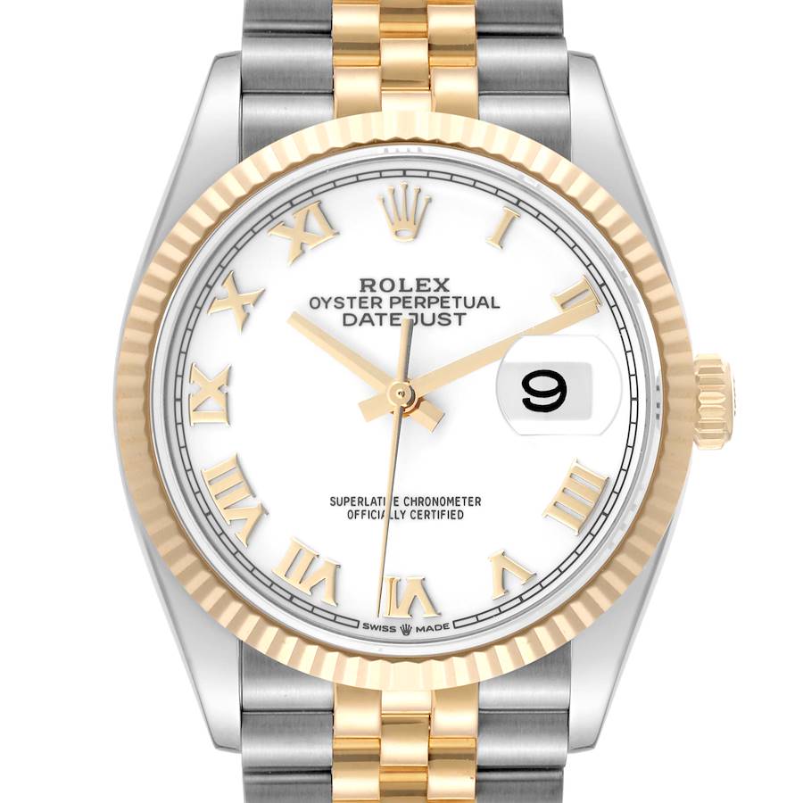 Men's Rolex 36mm DateJust 18K Gold / Stainless Steel Two Tone Watch with White Dial and Fluted Bezel. (Pre-Owned 126233)