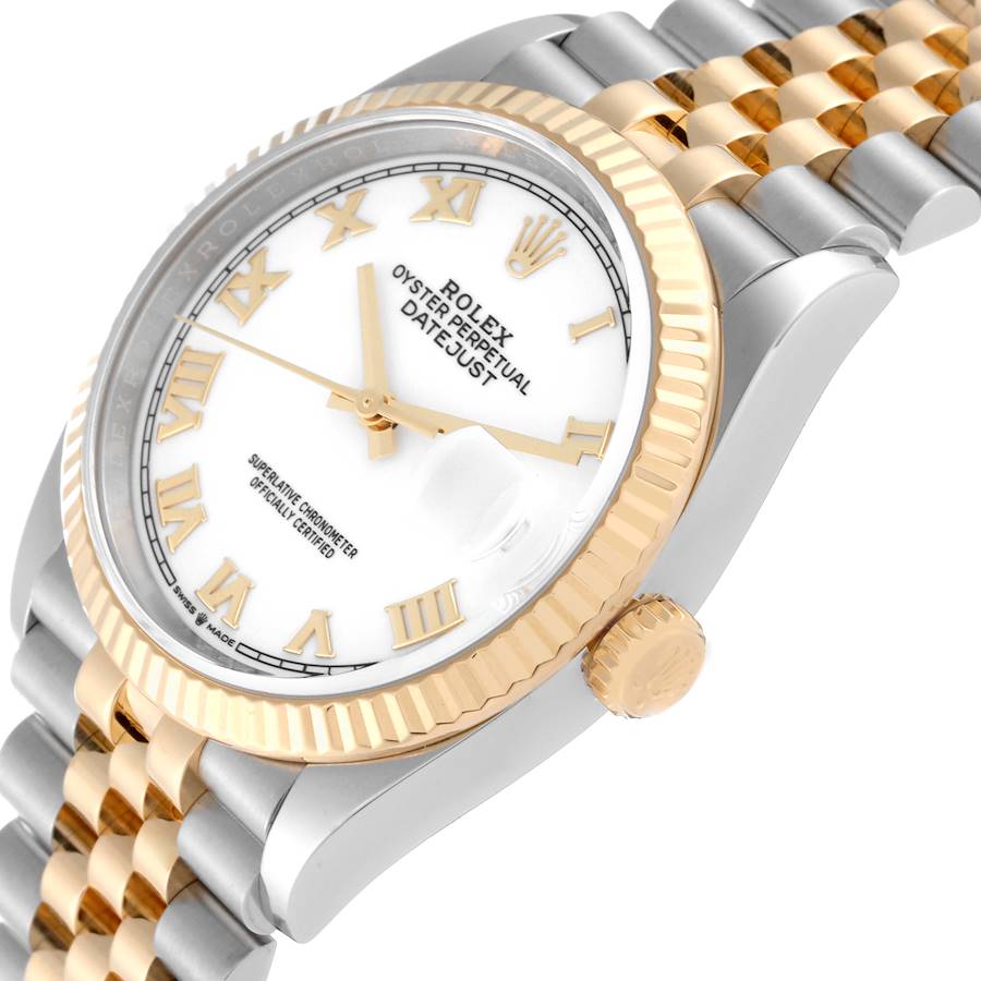 Men's Rolex 36mm DateJust 18K Gold / Stainless Steel Two Tone Watch with White Dial and Fluted Bezel. (Pre-Owned 126233)