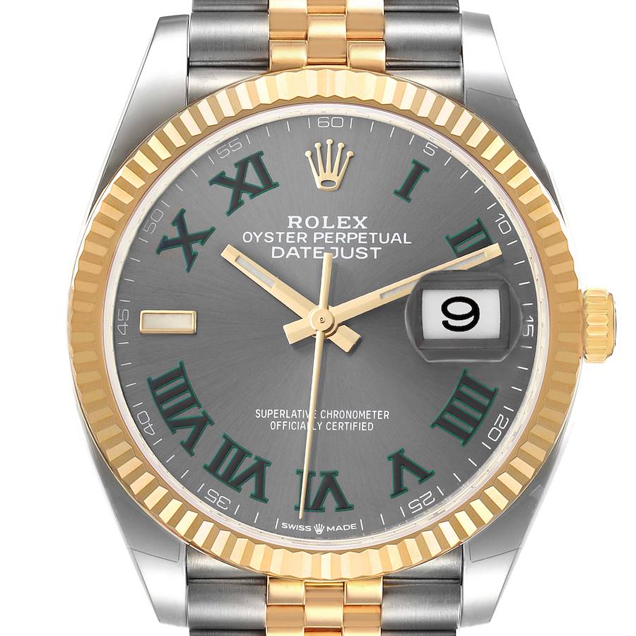 Men's Rolex 36mm DateJust Two Tone 18K Yellow Gold / Stainless Steel Wristwatch w/ Dark Silver Dial & Fluted Bezel. (Unworn 126233)