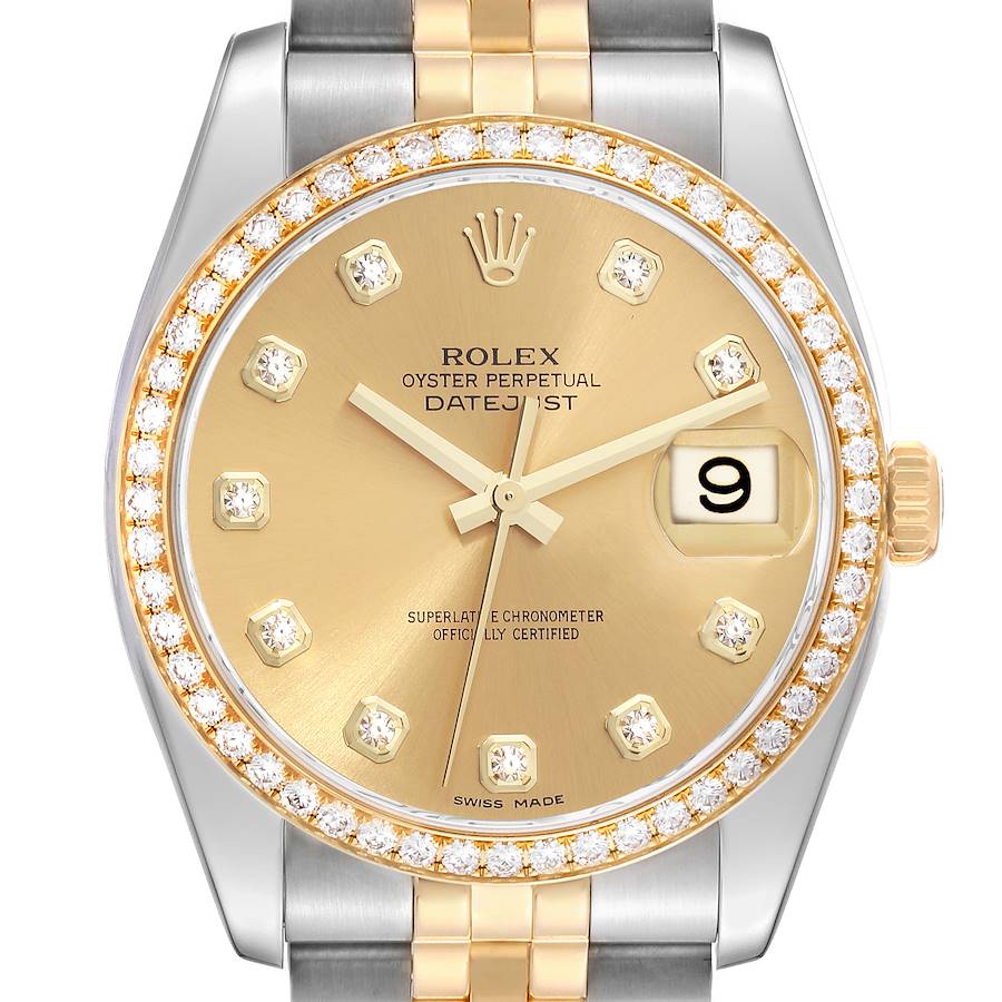 Men's Rolex 36mm DateJust Two Tone 18K Yellow Gold / Stainless Steel Wristwatch with Champagne Diamond Dial and Diamond Bezel. (Pre-Owned 116243)