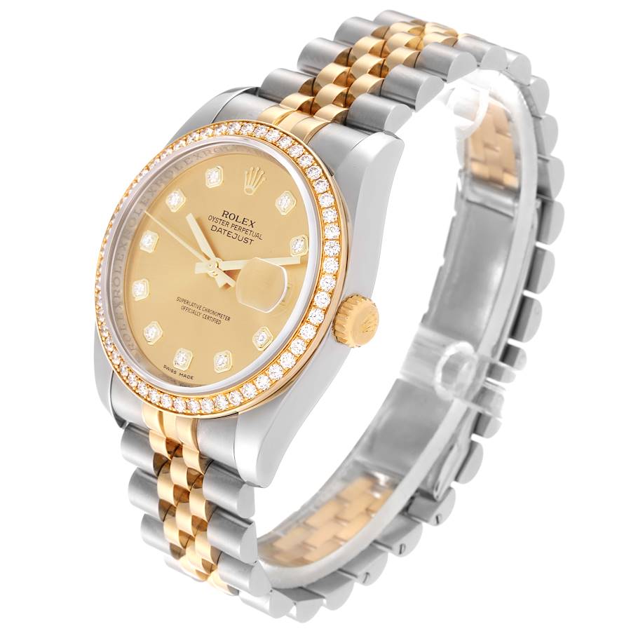 Men's Rolex 36mm DateJust Two Tone 18K Yellow Gold / Stainless Steel Wristwatch with Champagne Diamond Dial and Diamond Bezel. (Pre-Owned 116243)