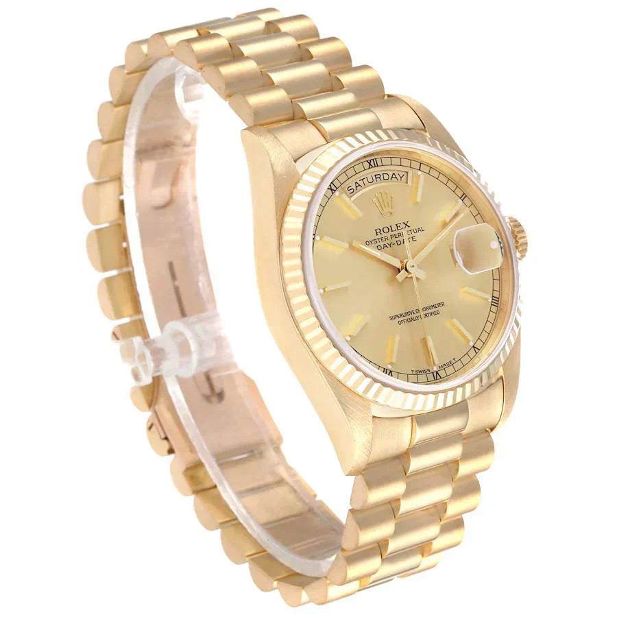 Men's Rolex 36mm President 18K Yellow Gold Wristwatch with Gold Dial & Fluted Bezel. (Pre-Owned 18238)