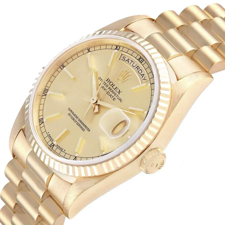 Men's Rolex 36mm President 18K Yellow Gold Wristwatch with Gold Dial & Fluted Bezel. (Pre-Owned 18238)