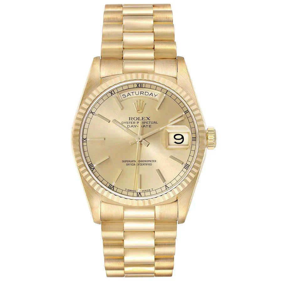 Men's Rolex 36mm Presidential 18K Yellow Gold Watch with Gold Dial and Fluted Bezel. (Pre-Owned 18238)