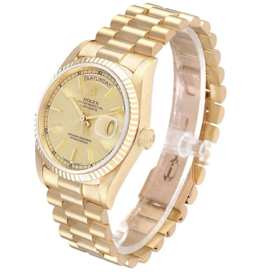 Men's Rolex 36mm Presidential 18K Yellow Gold Watch with Gold Dial and Fluted Bezel. (Pre-Owned 18238)