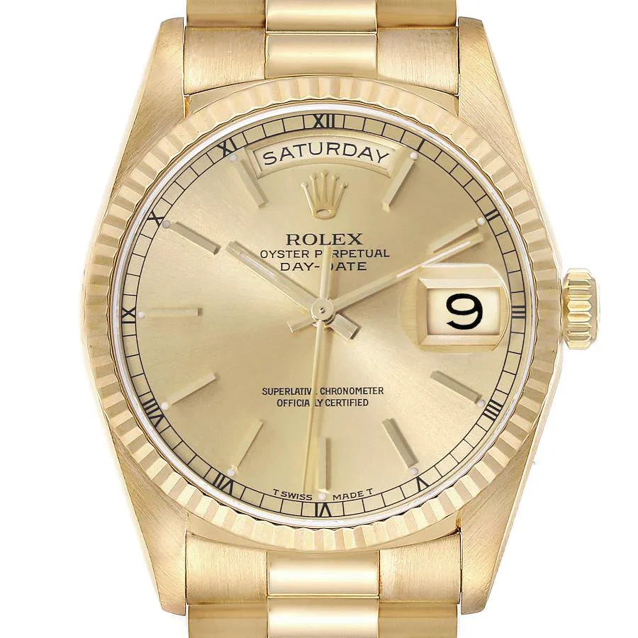 Men's Rolex 36mm Presidential 18K Yellow Gold Watch with Gold Dial and Fluted Bezel. (Pre-Owned 18238)