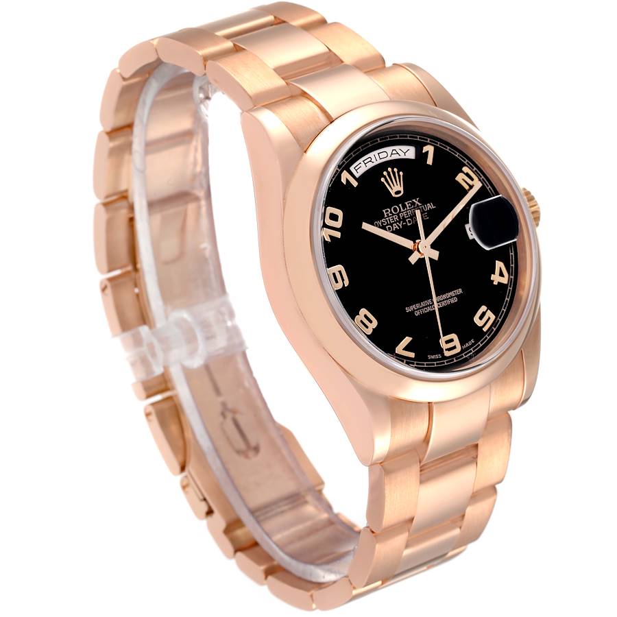 Men's Rolex 36mm Presidential Day Date 18K Rose Gold Watch with Black Roman Numeral Dial and Smooth Bezel. (Pre-Owned 118205)