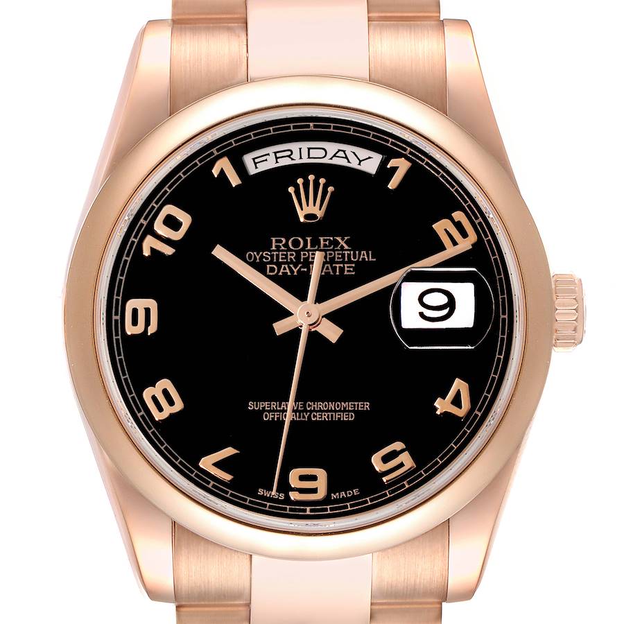 Men's Rolex 36mm Presidential Day Date 18K Rose Gold Watch with Black Roman Numeral Dial and Smooth Bezel. (Pre-Owned 118205)