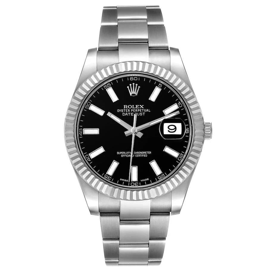 Men's Rolex 41mm DateJust Stainless Steel Watch with Black Dial and Fluted Bezel. (Pre-Owned 116334)