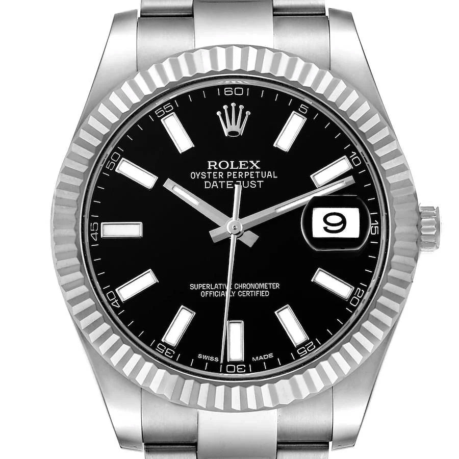 Men's Rolex 41mm DateJust Stainless Steel Watch with Black Dial and Fluted Bezel. (Pre-Owned 116334)