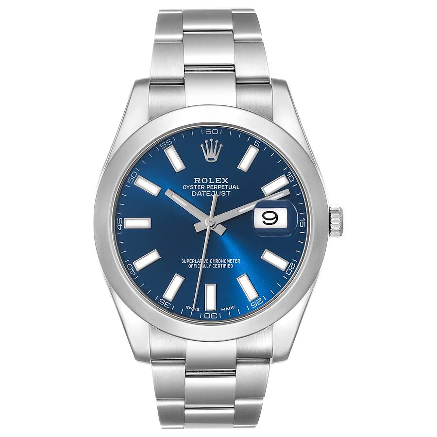 Men's Rolex 41mm DateJust Stainless Steel Wristwatch w/ Blue Dial & Smooth Bezel. (Pre-Owned 116300)