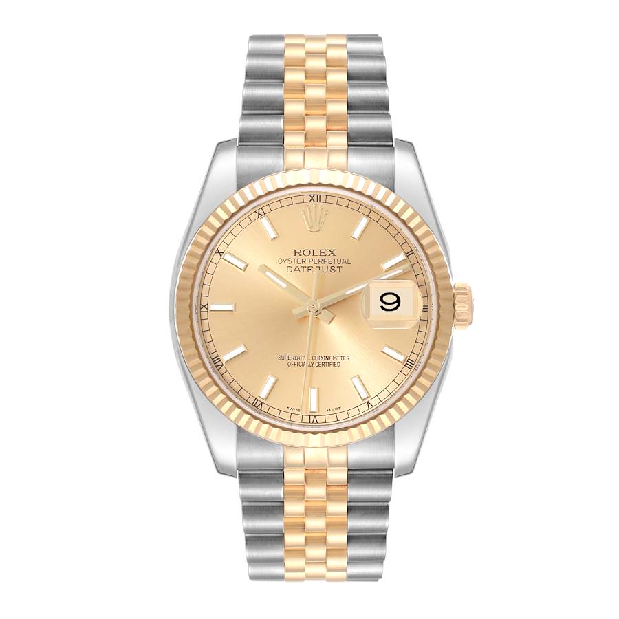 Men's Rolex DateJust 36mm Two Tone 18K Yellow Gold / Stainless Steel Watch with Gold Dial and Fluted Bezel. (Pre-Owned 116233)