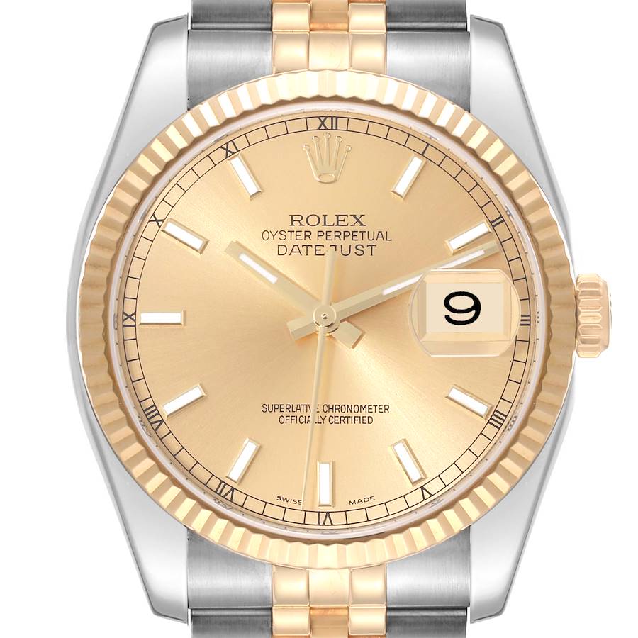 Men's Rolex DateJust 36mm Two Tone 18K Yellow Gold / Stainless Steel Watch with Gold Dial and Fluted Bezel. (Pre-Owned 116233)