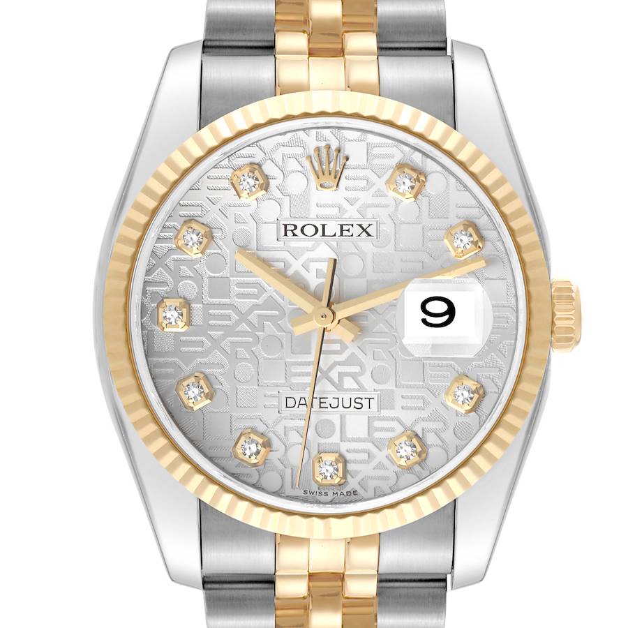 Men's Rolex DateJust 36mm Two Tone 18K Yellow Gold / Stainless Steel Watch with Silver Diamond Dial and Fluted Bezel. (Pre-Owned 116233)