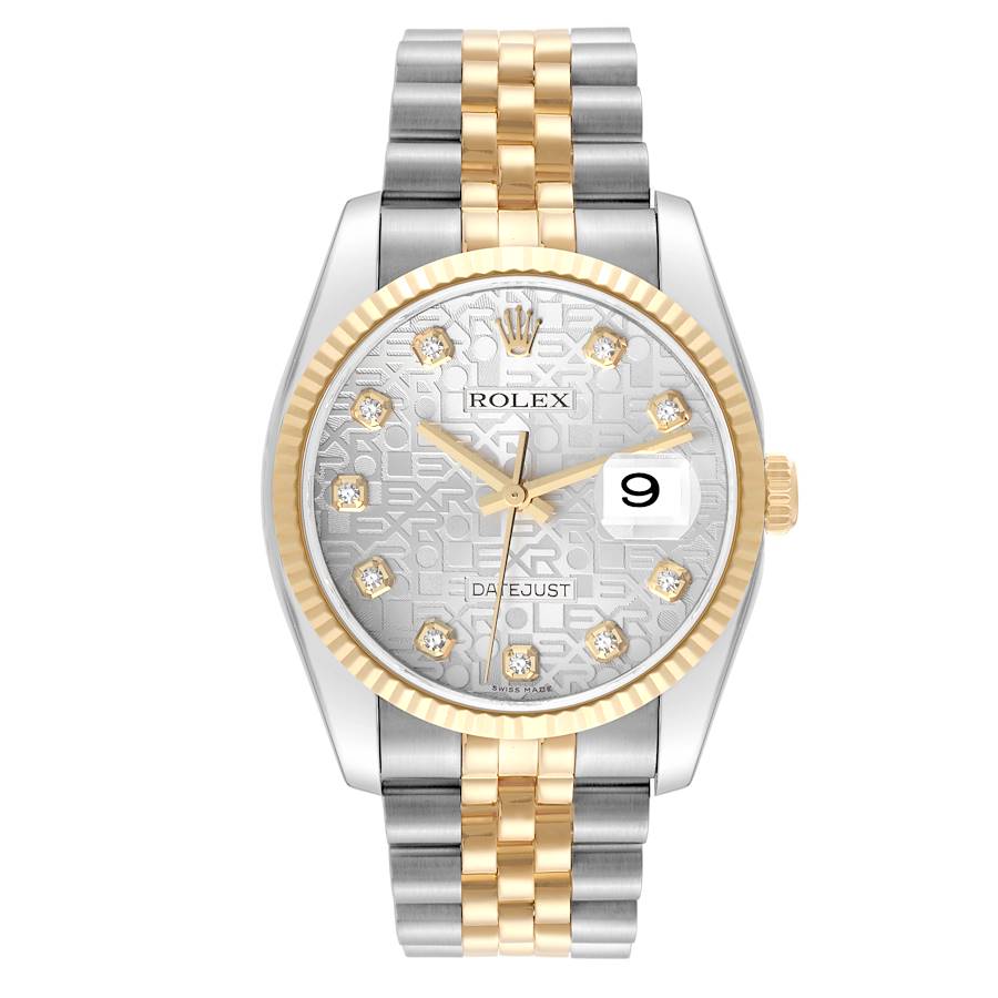 Men's Rolex DateJust 36mm Two Tone 18K Yellow Gold / Stainless Steel Watch with Silver Diamond Dial and Fluted Bezel. (Pre-Owned 116233)