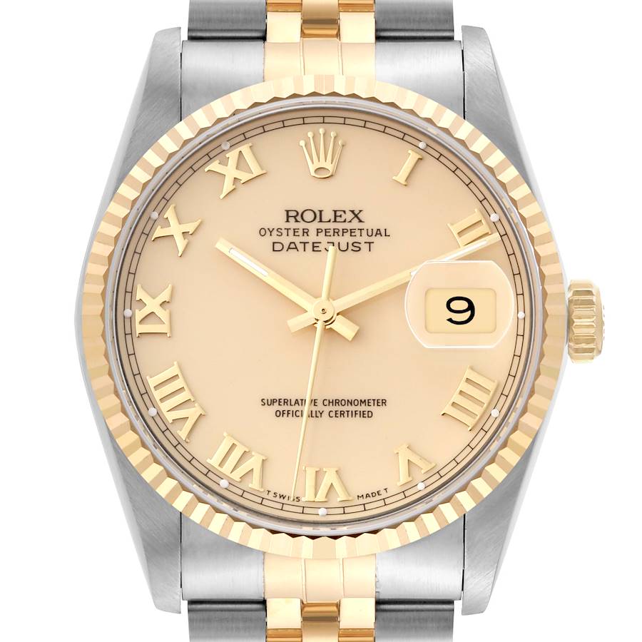 Men's Rolex 36mm DateJust Two Tone 18K Yellow Gold / Stainless Steel Wristwatch with Cream Dial & Fluted Bezel. (Pre-Owned 16233)