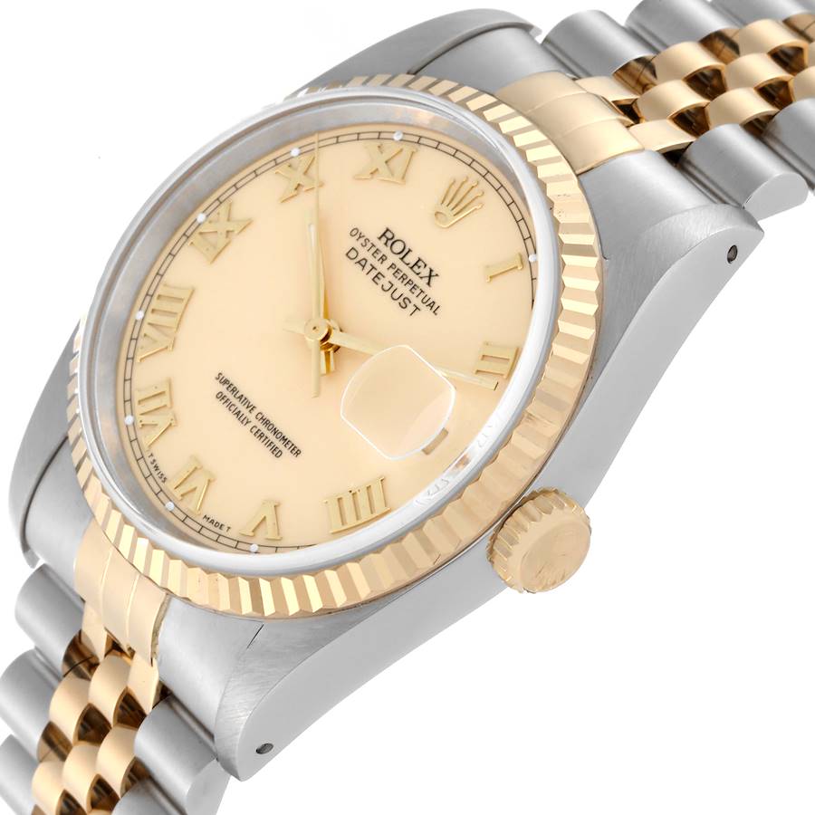 Men's Rolex 36mm DateJust Two Tone 18K Yellow Gold / Stainless Steel Watch with Cream Dial and Fluted Bezel. (Pre-Owned 16233)